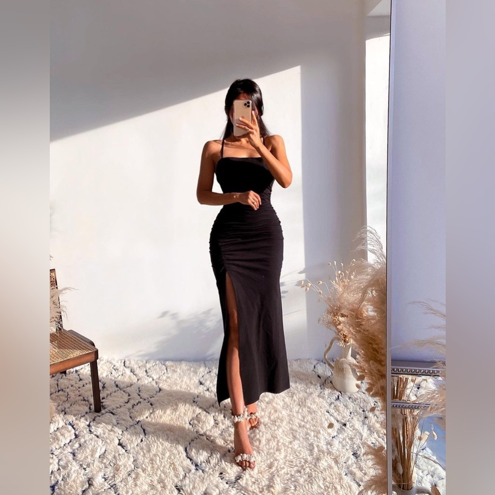 Zara Black Strapless Ruched Maxi Dress with Side Slit